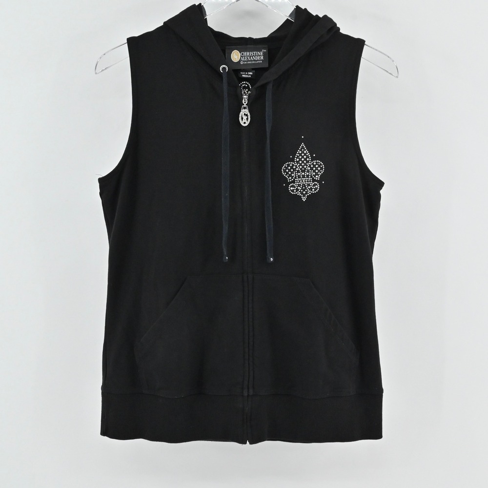 Vtg Christine‎ Alexander Womens Rhinestone Hoodie Size M Fleur de Lis Sleeveless